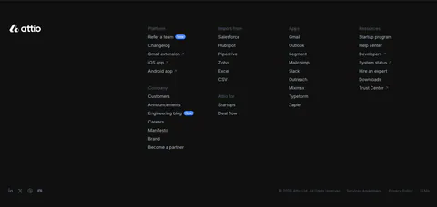 Attio footer section: logo at left, link columns for platform, company, imports, apps and resources, social icons and legal row on dark