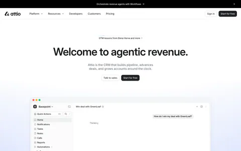 Attio hero section: announcement bar and nav over a centered headline with two buttons, above an app window with sidebar and AI chat