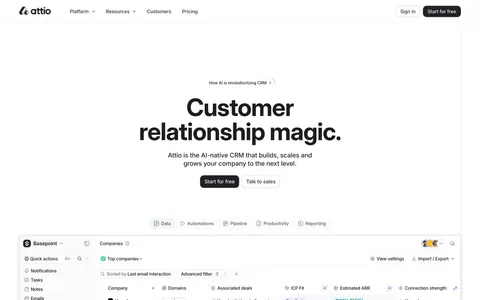 Attio hero section: centered headline, two buttons and a tab bar above a large CRM companies table screenshot on white