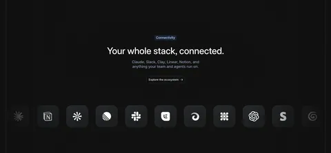 Attio integrations section: centered headline and button above a row of dark rounded app icons fading at both edges, striped dark