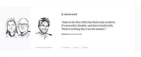 Attio testimonials section: hand-drawn grayscale portrait sketches beside a serif customer quote with company logo and feature links
