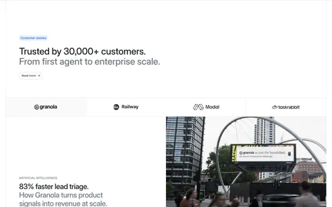 Attio testimonials section: headline above a customer logo tab bar and a Granola case study with stat headline beside a street photo