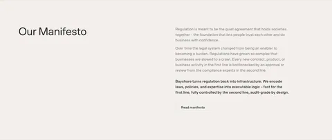 Bayshore about & mission section: Our Manifesto heading left, manifesto paragraphs and Read manifesto button right on warm off-white