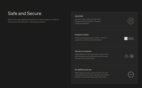 Bayshore security section: heading left on charcoal, stacked cards for ISO 27001, EU hosting, on-premise and GDPR right