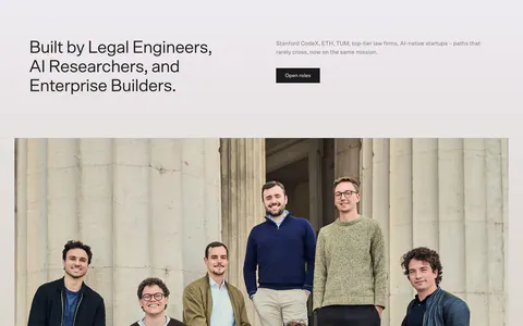 Bayshore team section: headline and Open roles button above a wide group photo of the team in front of stone columns