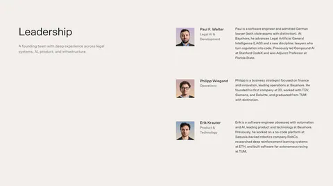 Bayshore team section: Leadership heading left, three founder rows with headshots, roles and bios right on warm off-white