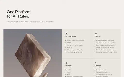 Bayshore use cases section: headline above a 3D marble block held by a hand beside a 2x2 grid of industry cards with bullet lists