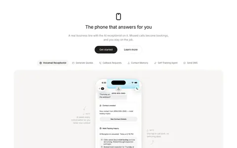 Beside features section: centered headline and buttons above a feature tab bar and a phone mockup with annotations in a gray panel