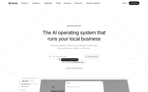 Beside hero section: centered headline with a business name search field above a tilted app dashboard screenshot on white