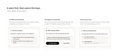 Beside features section: left-aligned headline above three cards, each with a short description and an approval UI snippet