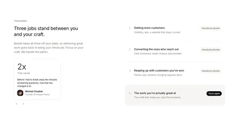 Beside value proposition section: headline and testimonial stat card on the left, four numbered job rows with status pills on the right