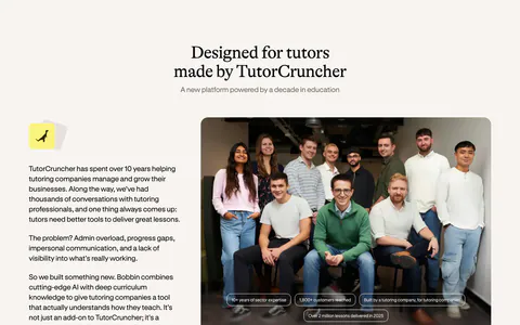 Bobbin about & mission section: serif heading, company story text left and a team group photo right, with a Why Bobbin row below