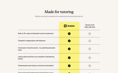 Bobbin comparison section: serif heading above a check-versus-cross table with a highlighted yellow Bobbin column on cream