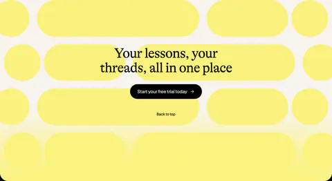 Bobbin call to action section: centered serif heading and black button over a pattern of yellow pill shapes on cream