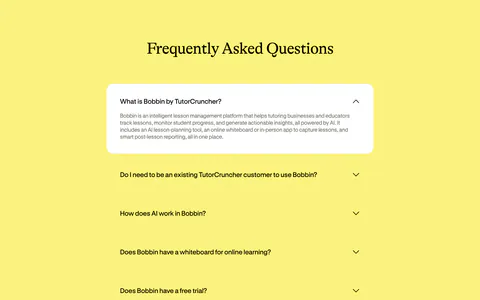 Bobbin FAQ section: centered serif heading above an accordion of questions with the first expanded in a white card on yellow