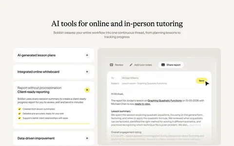 Bobbin features section: serif heading over an accordion of features on the left and a lesson report email UI on the right, cream background