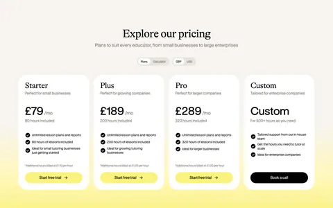 Bobbin pricing section: serif heading, plan and currency toggles, and four white pricing cards on a cream-to-yellow background