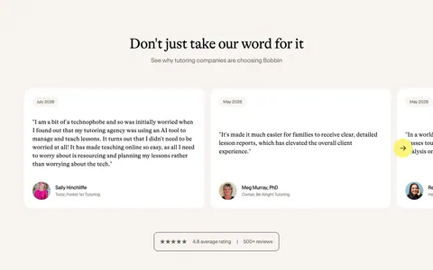 Bobbin testimonials section: serif heading above a carousel of white quote cards with avatars and a rating badge on cream
