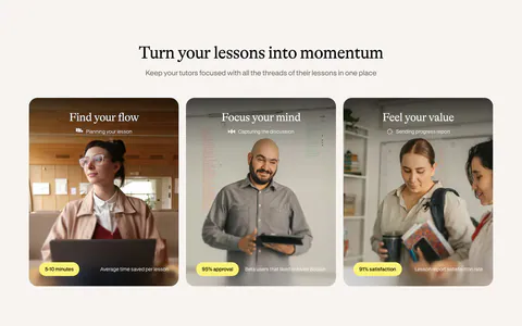 Bobbin value proposition section: serif heading above three photo cards of tutors with yellow stat pills on a cream background