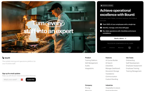 Bounti footer section: kitchen photo card and black demo card with checklist above a white footer with email signup and link columns