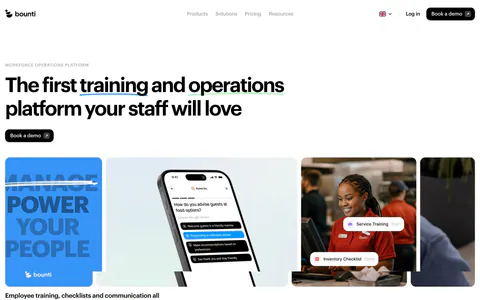 Bounti hero section: left-aligned headline and button above a row of cards with type art, a phone app mockup and staff photo, logos below