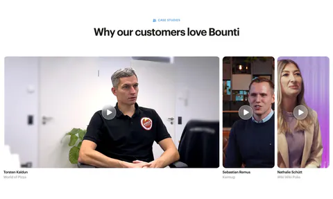 Bounti testimonials section: centered headline above a row of customer video thumbnails with play buttons and names