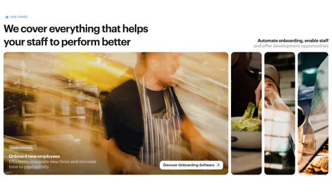 Bounti features section: left headline above expanding photo panels of restaurant staff, the first open with an onboarding caption