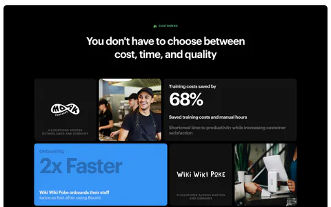 Bounti value proposition section: centered headline over a bento grid of customer logos, kitchen photos and stat tiles on a black panel