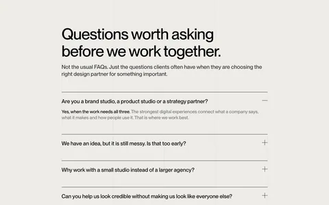 Brikken+Co FAQ section: large headline and intro above a ruled accordion with plus icons on warm gray with grid lines