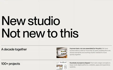 Brikken+Co value proposition section: oversized two-line headline above ruled rows of claims, thumbnails and short copy