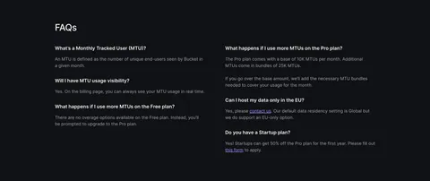 Bucket FAQ section: FAQs heading above a two-column list of questions and answers on a dark background