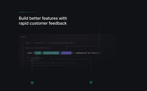 Bucket features section: code snippet with highlighted hooks linked by lines to two feature columns with chart and feedback UI on dark