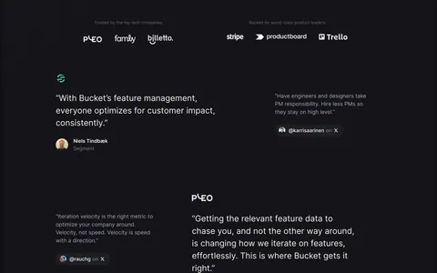 Bucket testimonials section: customer and investor logo rows above a staggered layout of large and small quotes on a dark background