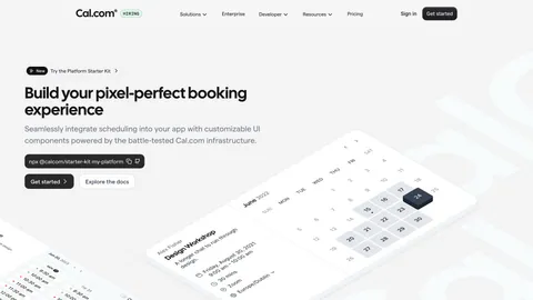 Cal.com hero section: headline, npx command and buttons left beside tilted isometric calendar booking UI cards on light gray