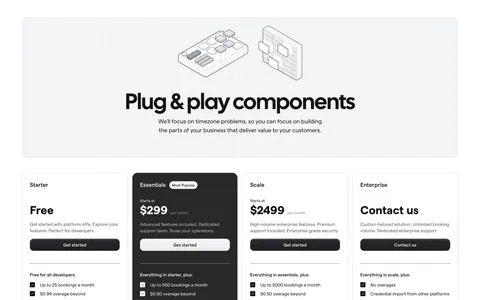 Cal.com pricing section: centered headline with isometric line art on a dotted panel above four plan cards, one dark highlighted