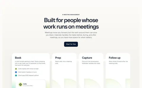 Calendly features section: centered headline and button above four cards for Book, Prep, Capture and Follow up with a scheduling UI card
