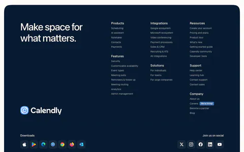 Calendly footer section: rounded dark navy panel with a large tagline, logo, link columns, app download icons and social buttons