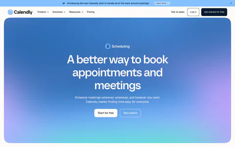 Calendly hero section: centered headline and two buttons inside a rounded blue-to-purple gradient panel below the nav and announcement bar