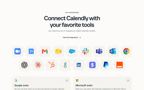 Calendly integrations section: centered headline above a grid of app icon tiles and two cards for Google and Microsoft suites on a light background