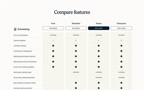 Calendly pricing section: serif heading above a plan comparison table with four plan columns, buttons and check marks on a light background