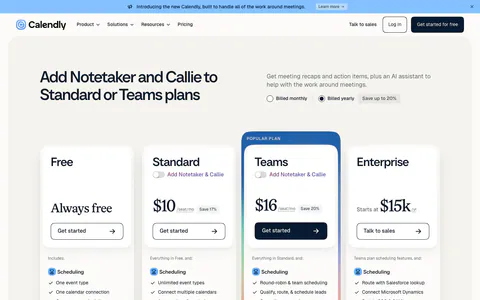 Calendly pricing section: four plan cards with a highlighted Teams plan, monthly/yearly billing toggle and feature checklists below the nav
