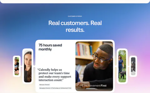 Calendly testimonials section: centered headline on a blue-purple gradient above a quote card carousel with customer photos and pagination dots