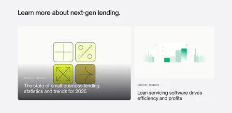 Canopy blog & resources section: left-aligned heading above two article cards with abstract lending graphics on light gray