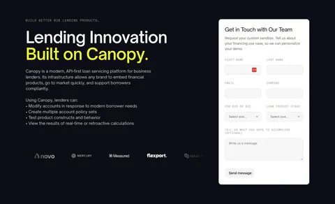 Canopy contact section: headline, bullet list and customer logos left with a white demo request form right on a dark background