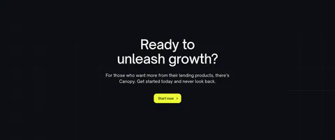 Canopy call-to-action section: centered question headline, copy and lime Start now button on a dark grid background