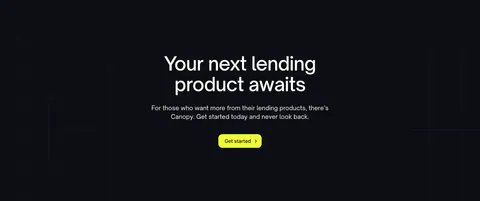 Canopy call-to-action section: centered headline, short copy and lime Get started button on a dark grid background