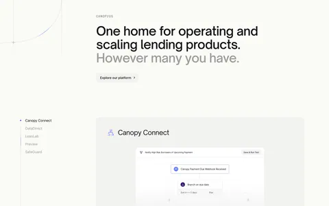Canopy features section: large headline above a sticky product list on the left and stacked cards with workflow and analytics UI