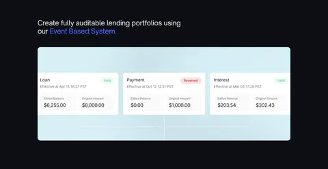 Canopy features section: headline with blue highlight above a light blue panel of loan event UI cards on a dark background