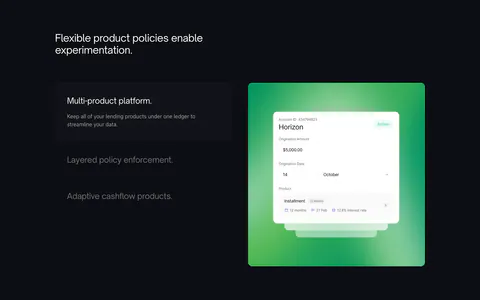 Canopy features section: dark layout with a three-item feature list on the left and a UI card on a green gradient panel