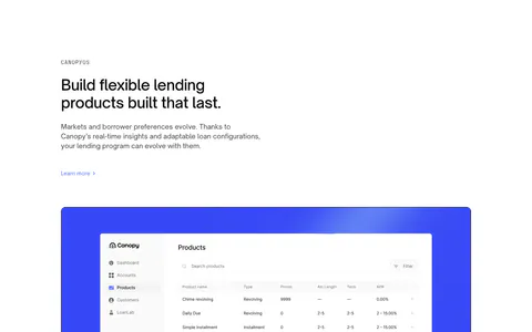 Canopy features section: left-aligned eyebrow, headline and link above a products table screenshot on a bright blue panel